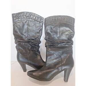 Newport News Black Leather Slouch Heeled Boots Women’s 10B Pointed Toe